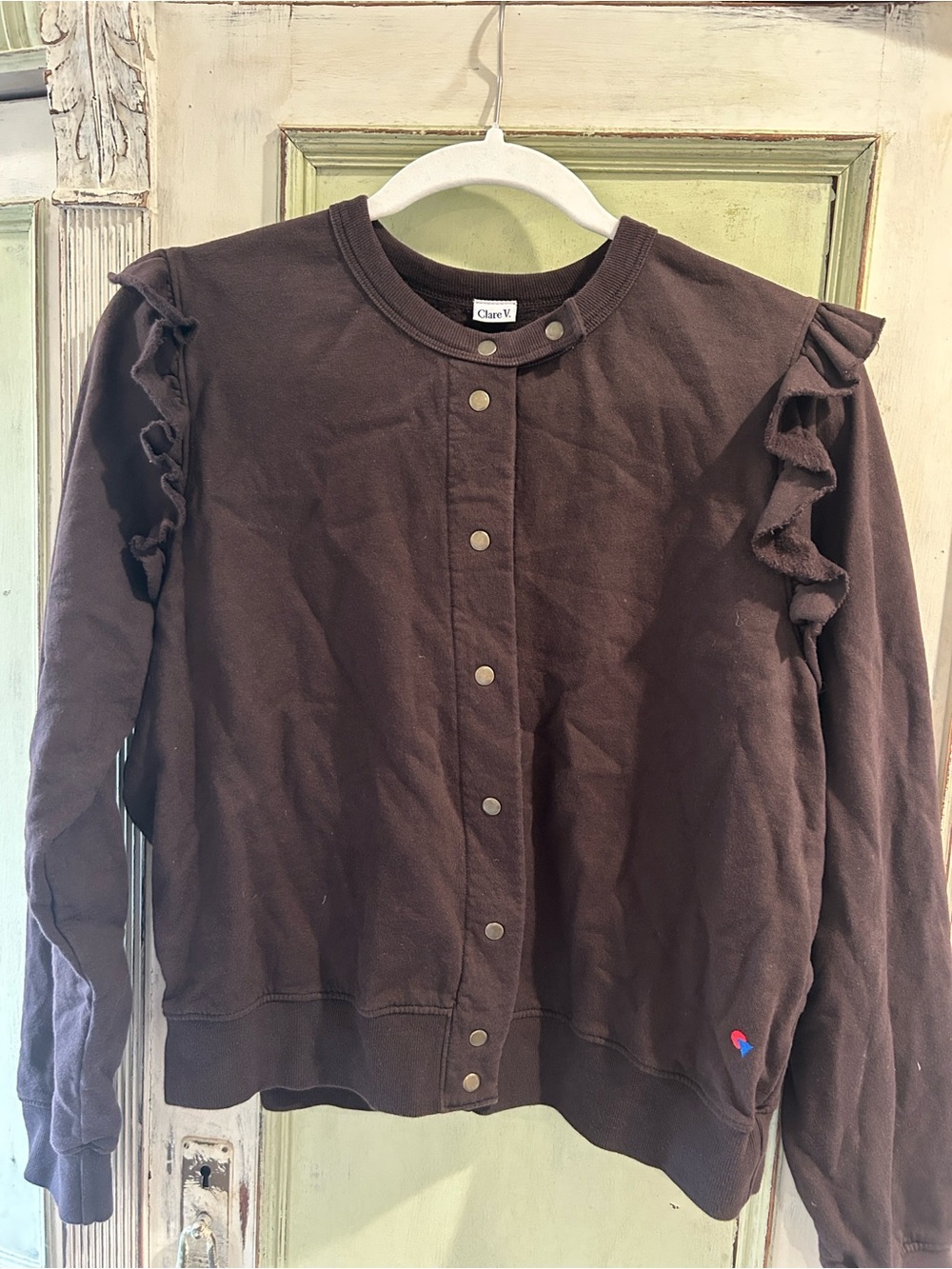 Clare V Chocolate Brown Crewneck Snap-Front Sweater with Ruffle Shoulders